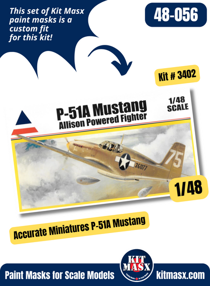 Accurate Miniatures A-36 Apache, F-6A/B, P-51, P-51A/B/C, RAF Mk.IA Mustang 1/48 Canopy Paint Masks, Kit # 3402