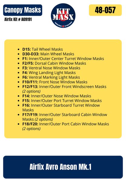 Airfix Avro Anson Mk.1 1/48 Canopy & Wheel Paint Masks, Kit # A09191