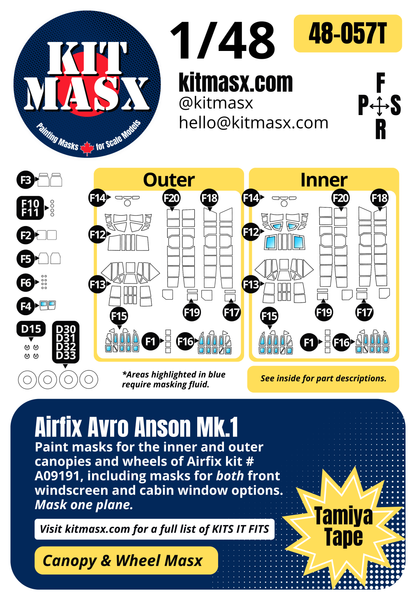 Airfix Avro Anson Mk.1 1/48 Canopy & Wheel Paint Masks, Kit # A09191