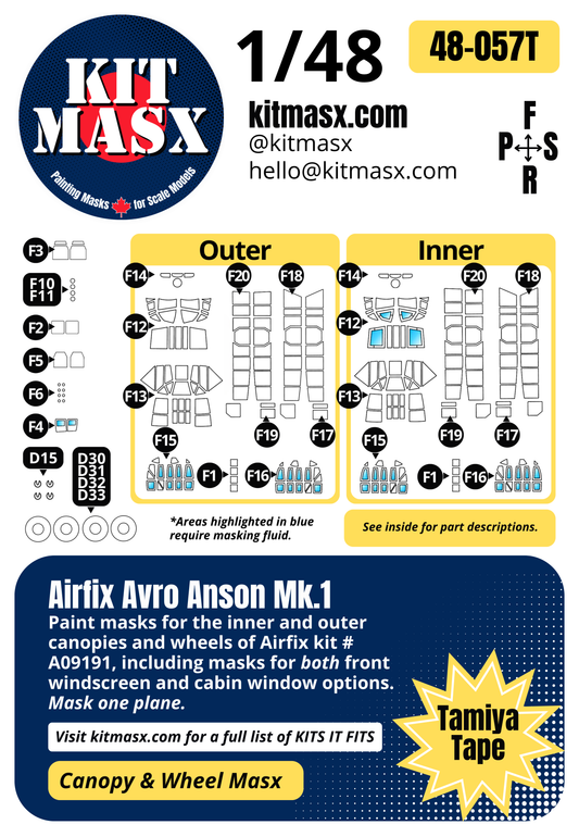 Airfix Avro Anson Mk.1 1/48 Canopy & Wheel Paint Masks, Kit # A09191