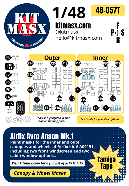 Airfix Avro Anson Mk.1 1/48 Canopy & Wheel Paint Masks, Kit # A09191