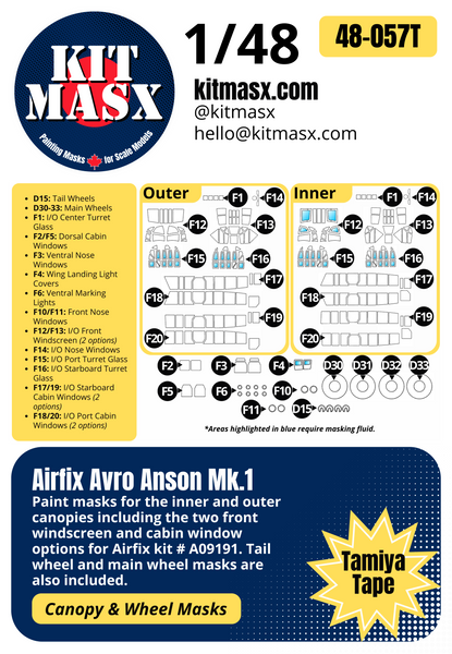 Airfix Avro Anson Mk.1 1/48 Canopy & Wheel Paint Masks, Kit # A09191