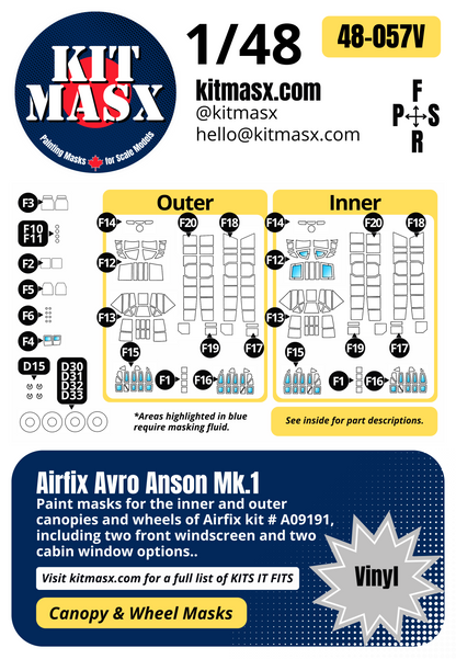 Airfix Avro Anson Mk.1 1/48 Canopy & Wheel Paint Masks, Kit # A09191