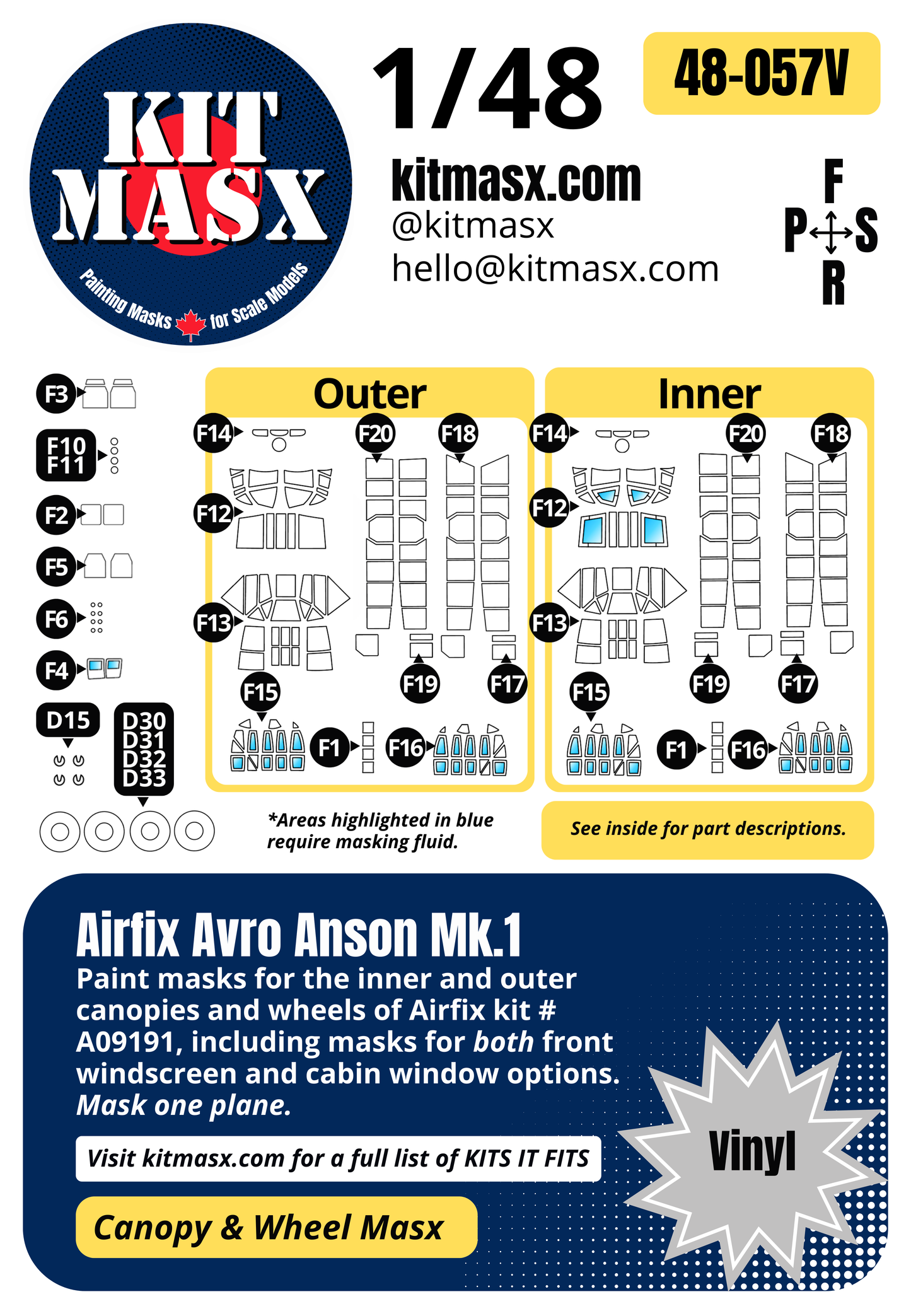 Airfix Avro Anson Mk.1 1/48 Canopy & Wheel Paint Masks, Kit # A09191