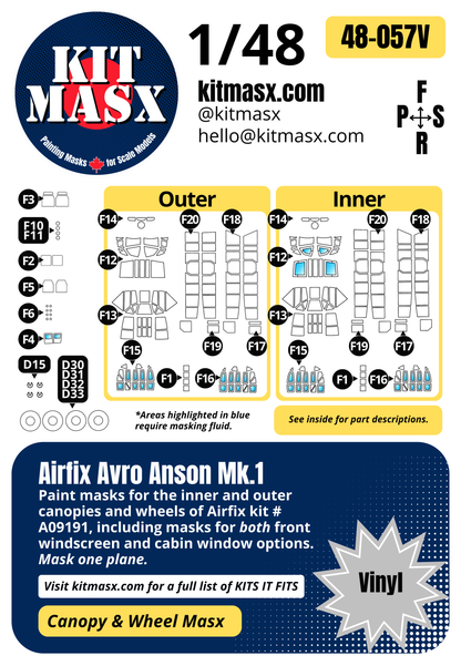 Airfix Avro Anson Mk.1 1/48 Canopy & Wheel Paint Masks, Kit # A09191