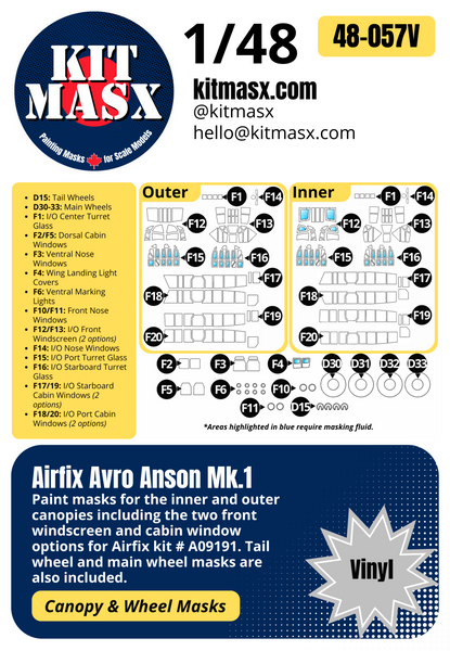 Airfix Avro Anson Mk.1 1/48 Canopy & Wheel Paint Masks, Kit # A09191