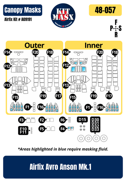 Airfix Avro Anson Mk.1 1/48 Canopy & Wheel Paint Masks, Kit # A09191