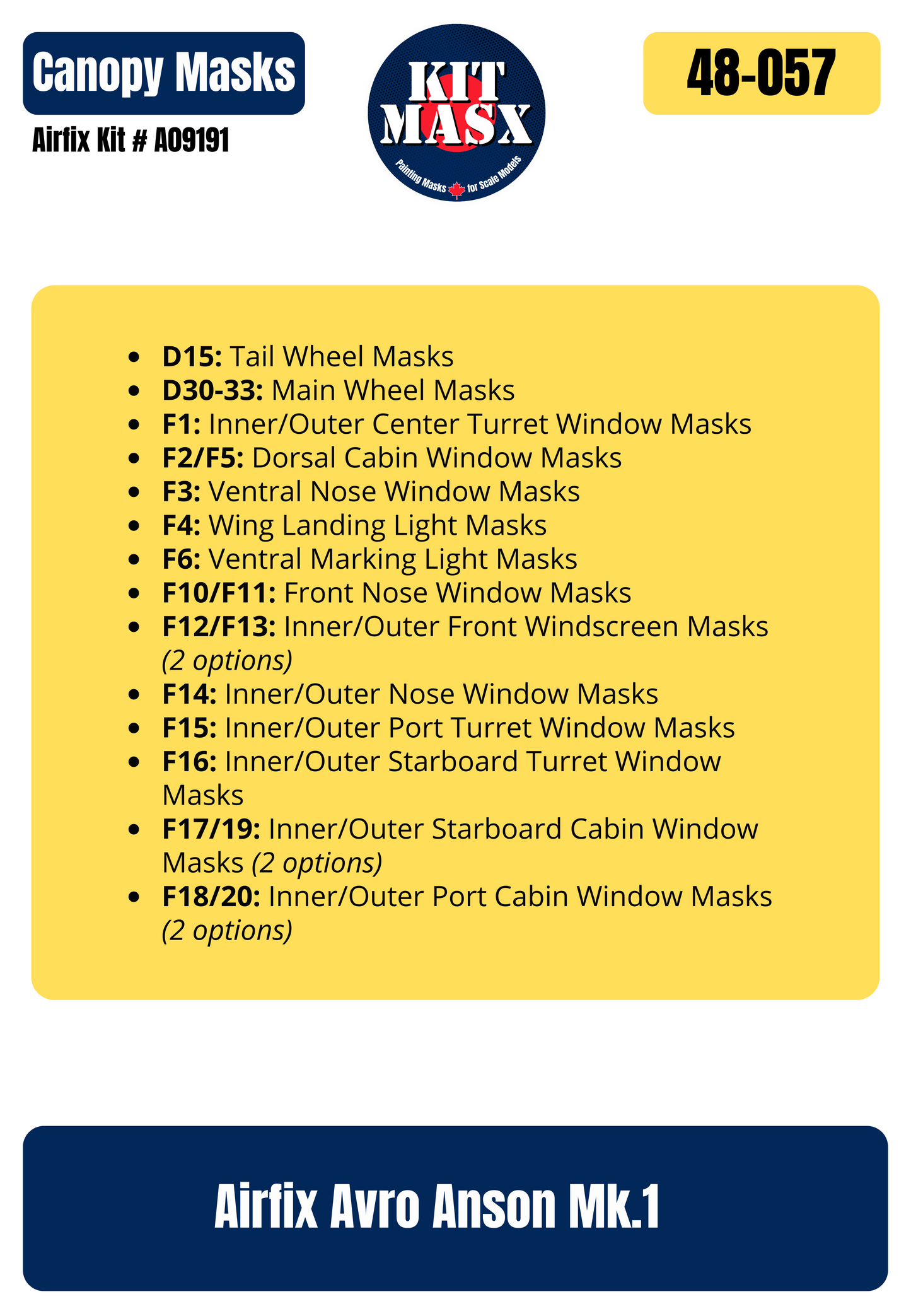 Airfix Avro Anson Mk.1 1/48 Canopy & Wheel Paint Masks, Kit # A09191