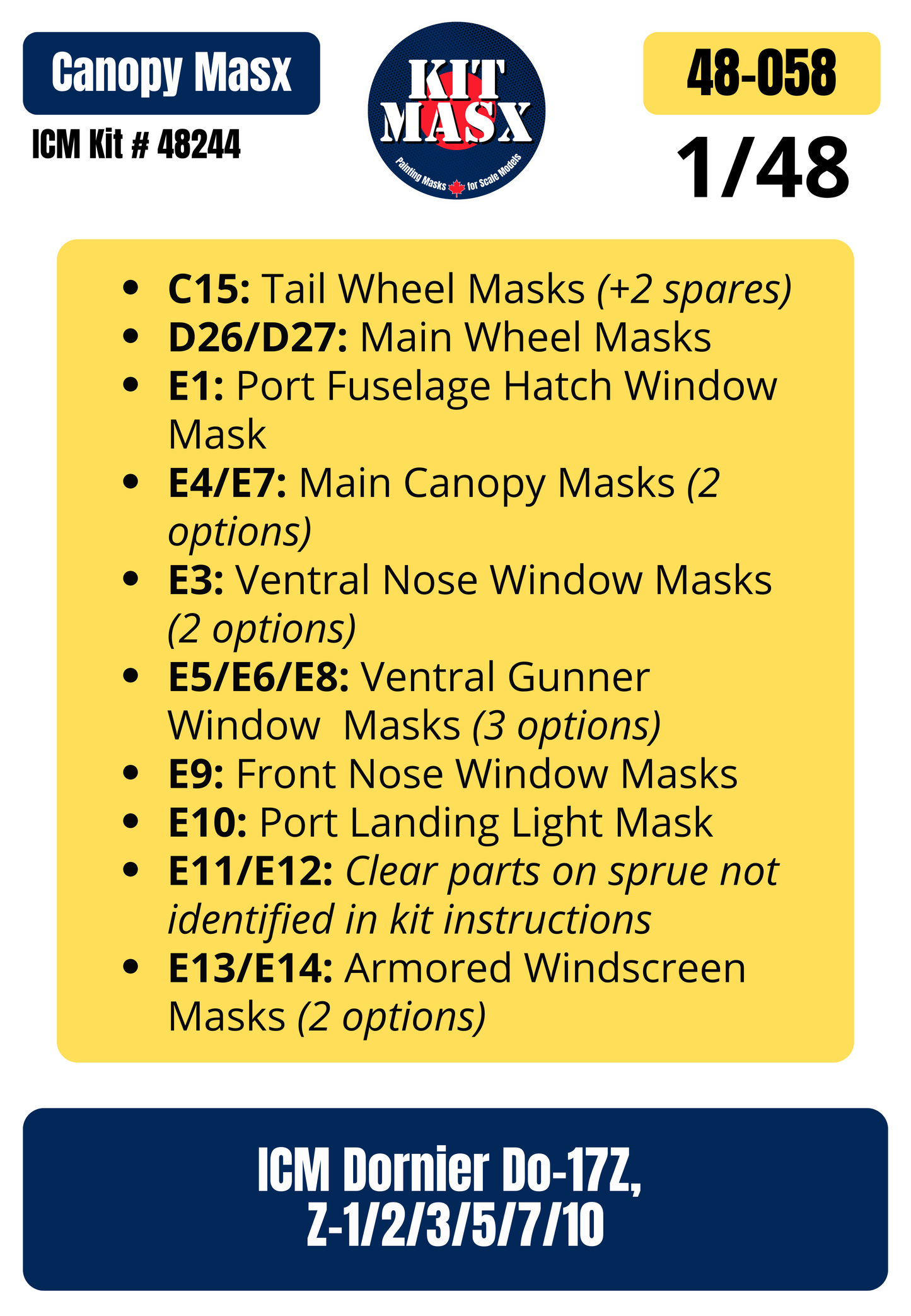 ICM Dornier Do-17Z, Z-1/2/3/5/7/10 1/48 Canopy & Wheel Paint Masks, Kit # 48244 (48058)