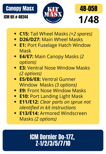 ICM Dornier Do-17Z, Z-1/2/3/5/7/10 1/48 Canopy & Wheel Paint Masks, Kit # 48244 (48058)