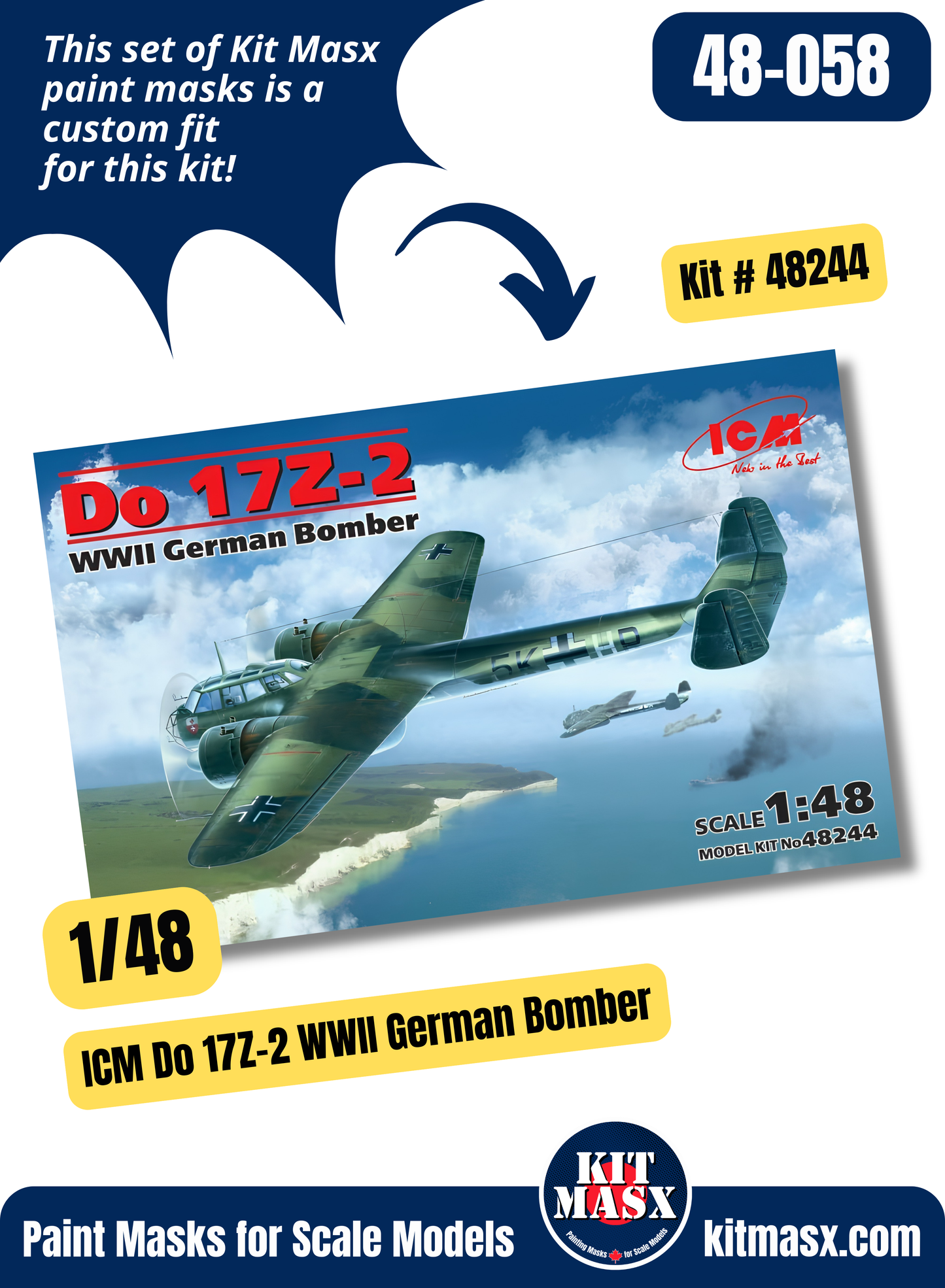 ICM Dornier Do-17Z, Z-1/2/3/5/7/10 1/48 Canopy & Wheel Paint Masks, Kit # 48244 (48058)