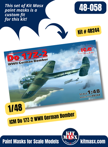 ICM Dornier Do-17Z, Z-1/2/3/5/7/10 1/48 Canopy & Wheel Paint Masks, Kit # 48244 (48058)