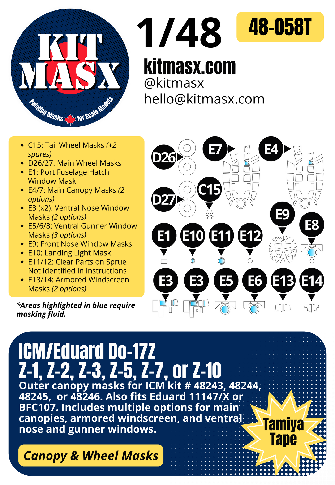 ICM/Eduard Do-17Z, Z-1, Z-2, Z-3, Z-5, Z-7, or Z-10 1/48 Canopy & Wheel Paint Masks