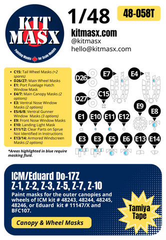 ICM Dornier Do-17Z, Z-1, Z-2, Z-3, Z-5, Z-7, or Z-10 1/48 Canopy & Wheel Paint Masks, Kit # 48244