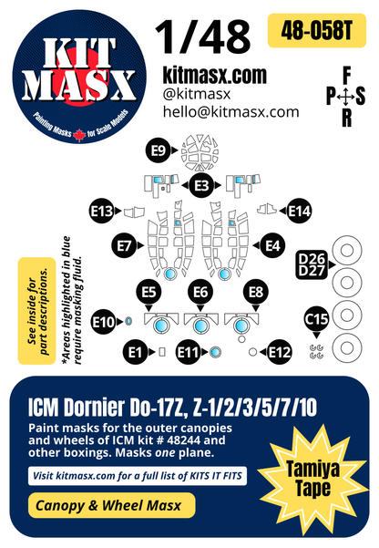 ICM Dornier Do-17Z, Z-1/2/3/5/7/10 1/48 Canopy & Wheel Paint Masks, Kit # 48244 (48058)