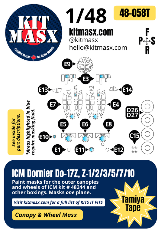 ICM Dornier Do-17Z, Z-1/2/3/5/7/10 1/48 Canopy & Wheel Paint Masks, Kit # 48244 (48058)
