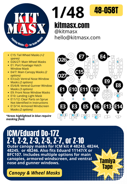 ICM/Eduard Do-17Z, Z-1, Z-2, Z-3, Z-5, Z-7, or Z-10 1/48 Canopy & Wheel Paint Masks