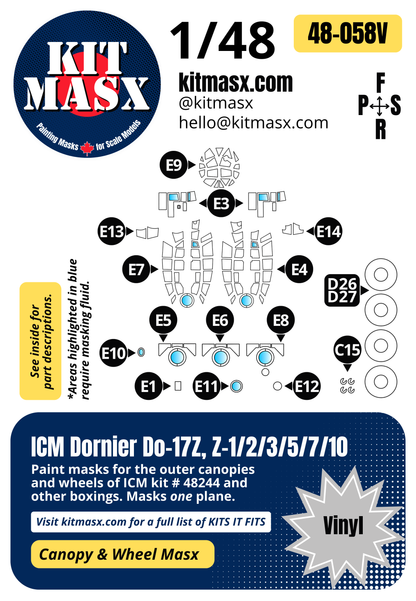 ICM Dornier Do-17Z, Z-1/2/3/5/7/10 1/48 Canopy & Wheel Paint Masks, Kit # 48244 (48058)