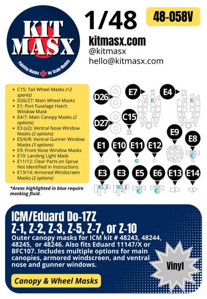 ICM/Eduard Do-17Z, Z-1, Z-2, Z-3, Z-5, Z-7, or Z-10 1/48 Canopy & Wheel Paint Masks