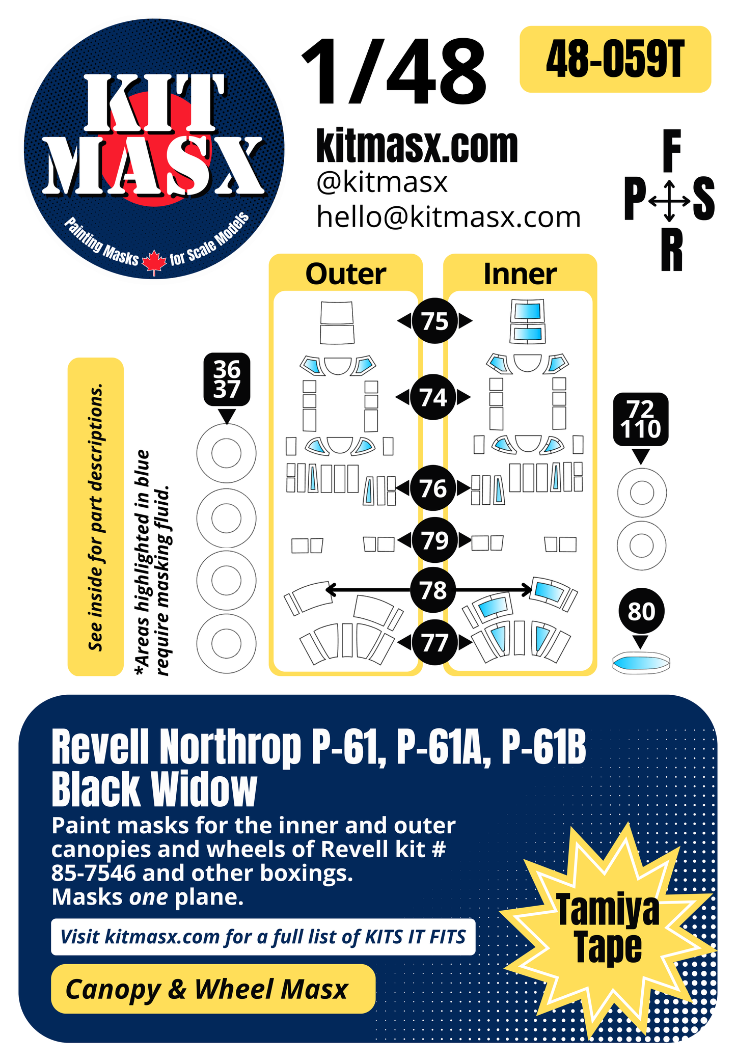Revell Northrop P-61, P-61A, P-61B Black Widow 1/48 Canopy & Wheel Paint Masks, Kit # 85-7546