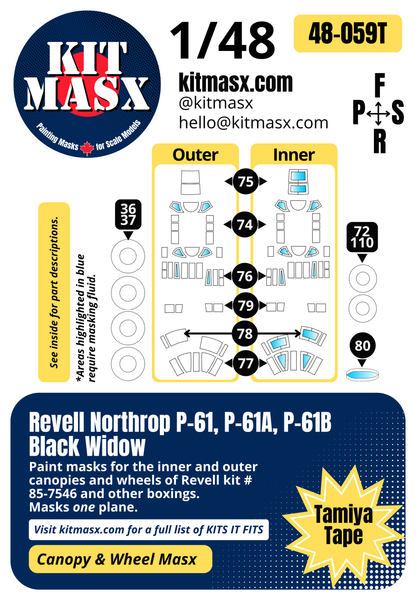 Revell Northrop P-61, P-61A, P-61B Black Widow 1/48 Canopy & Wheel Paint Masks, Kit # 85-7546