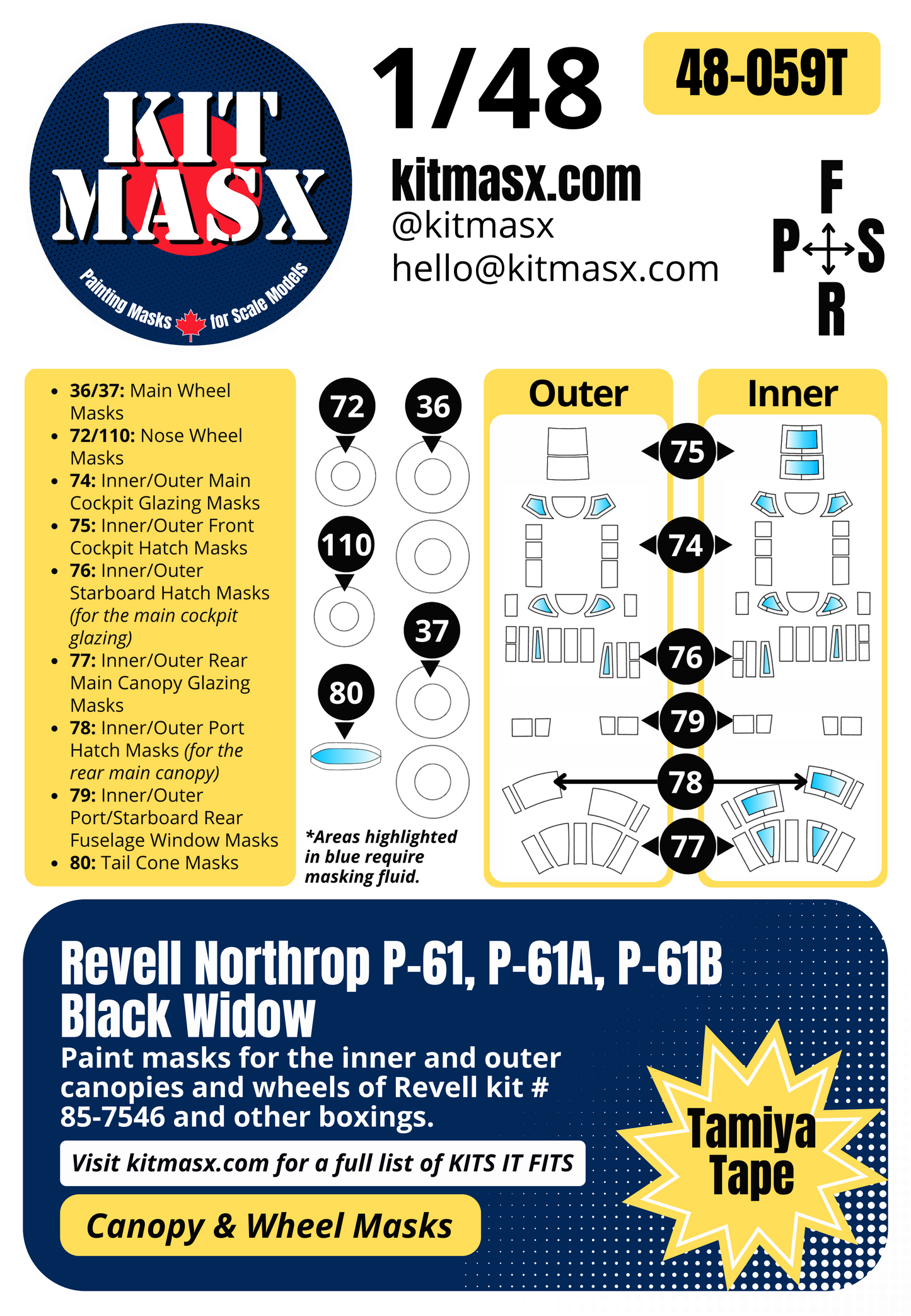 Revell Northrop P-61, P-61A, P-61B Black Widow 1/48 Canopy & Wheel Paint Masks, Kit # 85-7546