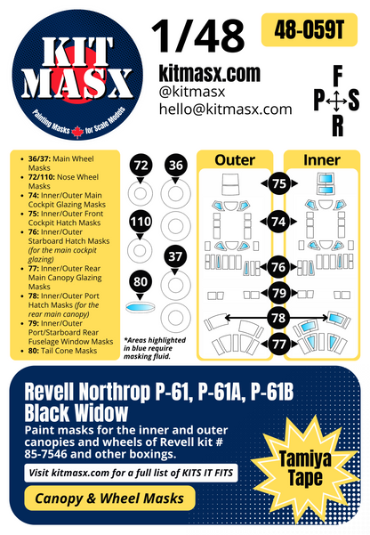 Revell Northrop P-61, P-61A, P-61B Black Widow 1/48 Canopy & Wheel Paint Masks, Kit # 85-7546