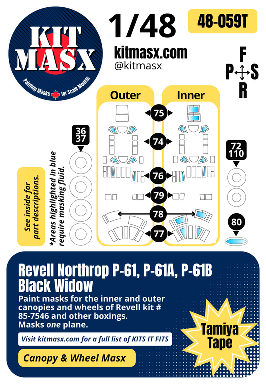 Revell Northrop P-61, P-61A, P-61B Black Widow 1/48 Canopy & Wheel Paint Masks, Kit # 85-7546 (48059)