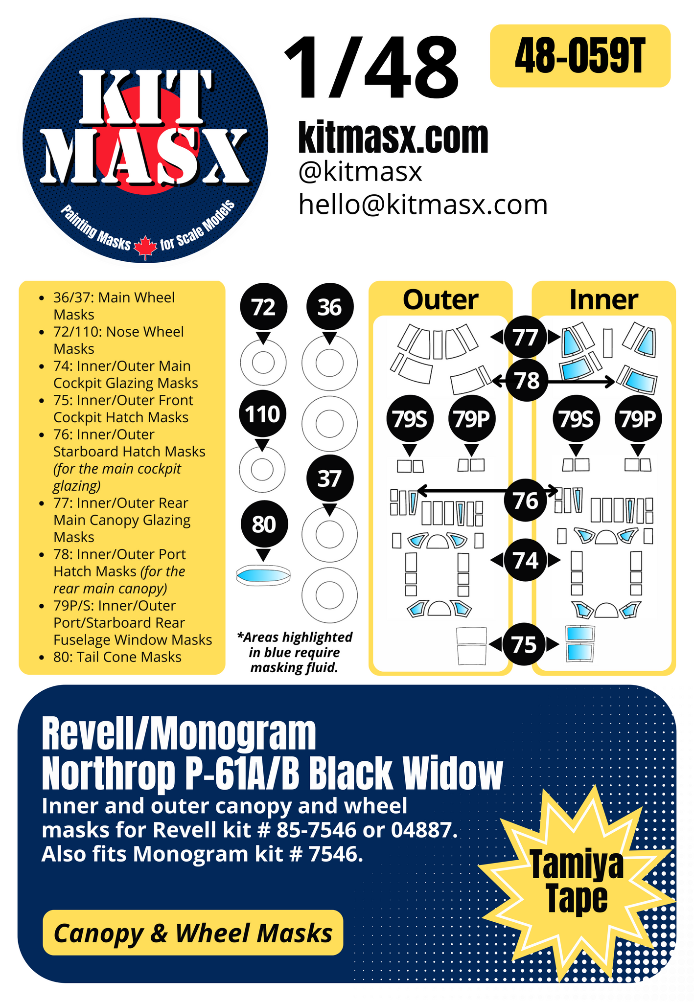 Revell/Monogram Northrop P-61A/B Black Widow 1/48 Canopy & Wheel Paint Masks