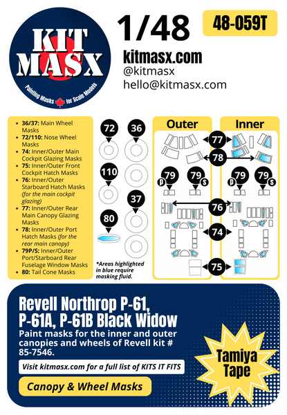 Revell Northrop P-61, P-61A, P-61B Black Widow 1/48 Canopy & Wheel Paint Masks, Kit # 85-7546