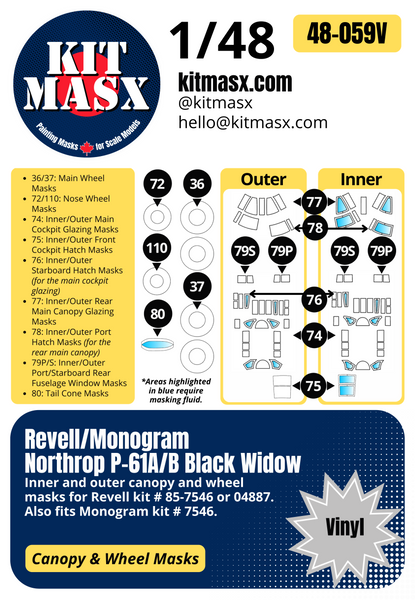 Revell/Monogram Northrop P-61A/B Black Widow 1/48 Canopy & Wheel Paint Masks