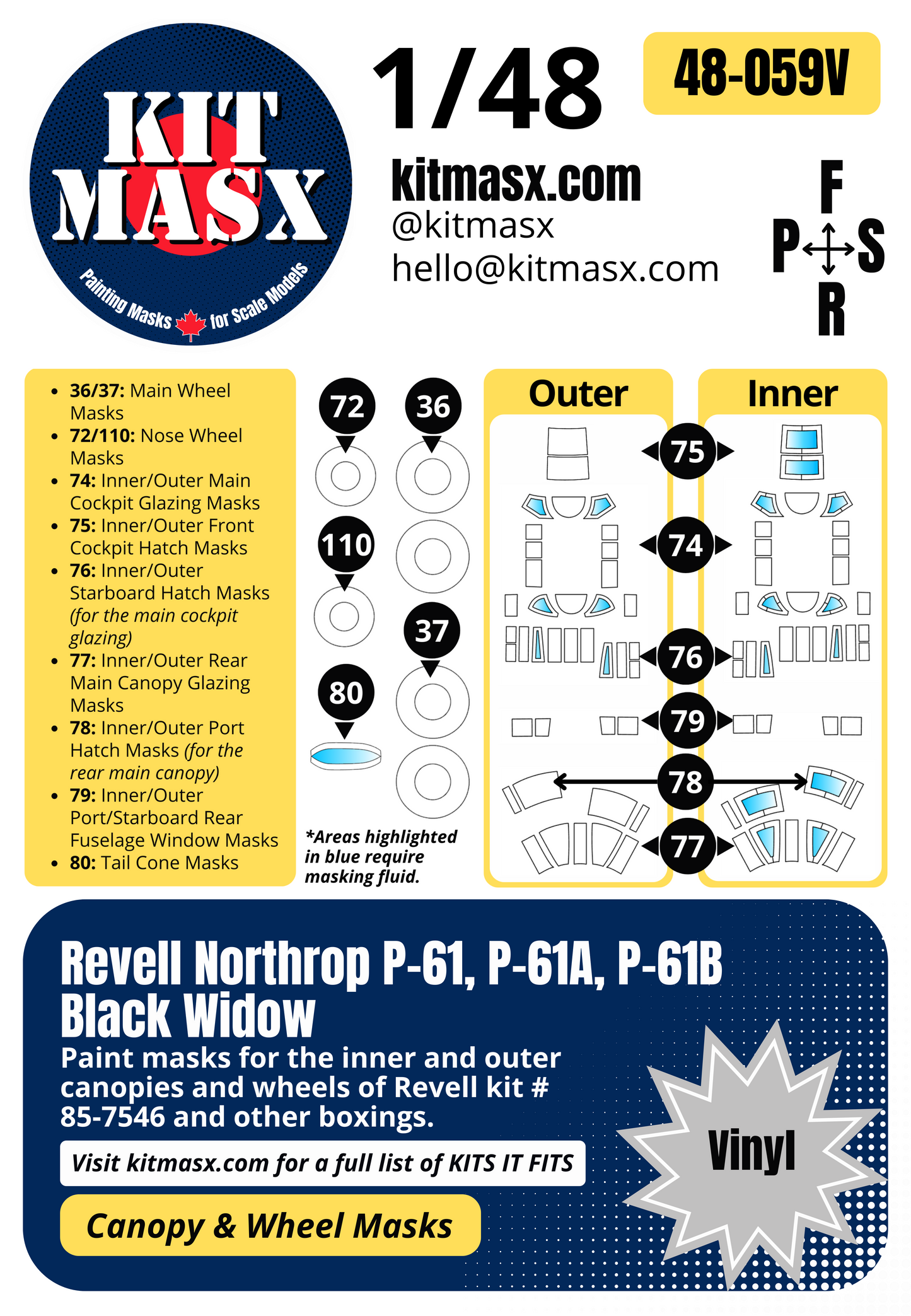 Revell Northrop P-61, P-61A, P-61B Black Widow 1/48 Canopy & Wheel Paint Masks, Kit # 85-7546