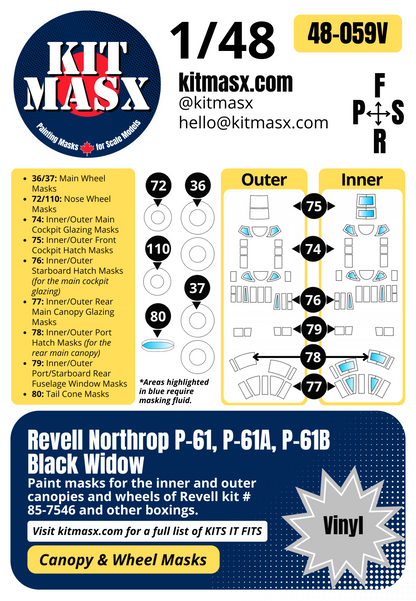 Revell Northrop P-61, P-61A, P-61B Black Widow 1/48 Canopy & Wheel Paint Masks, Kit # 85-7546