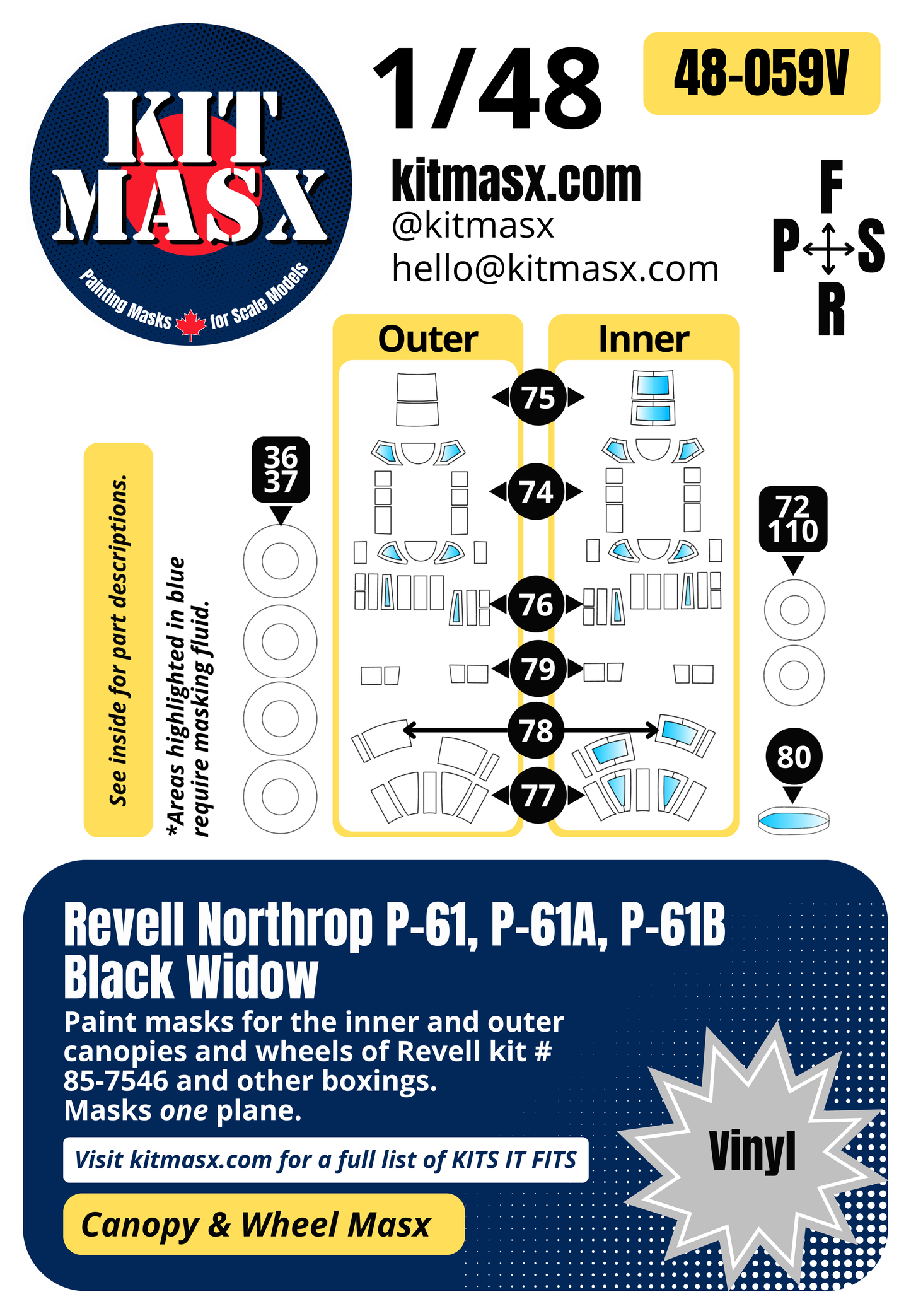 Revell Northrop P-61, P-61A, P-61B Black Widow 1/48 Canopy & Wheel Paint Masks, Kit # 85-7546