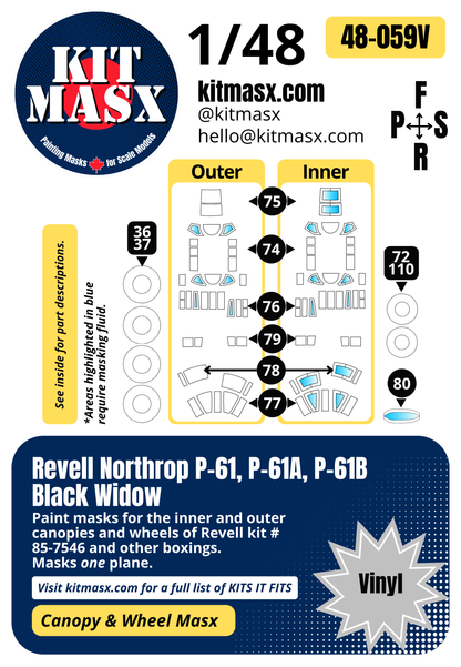 Revell Northrop P-61, P-61A, P-61B Black Widow 1/48 Canopy & Wheel Paint Masks, Kit # 85-7546