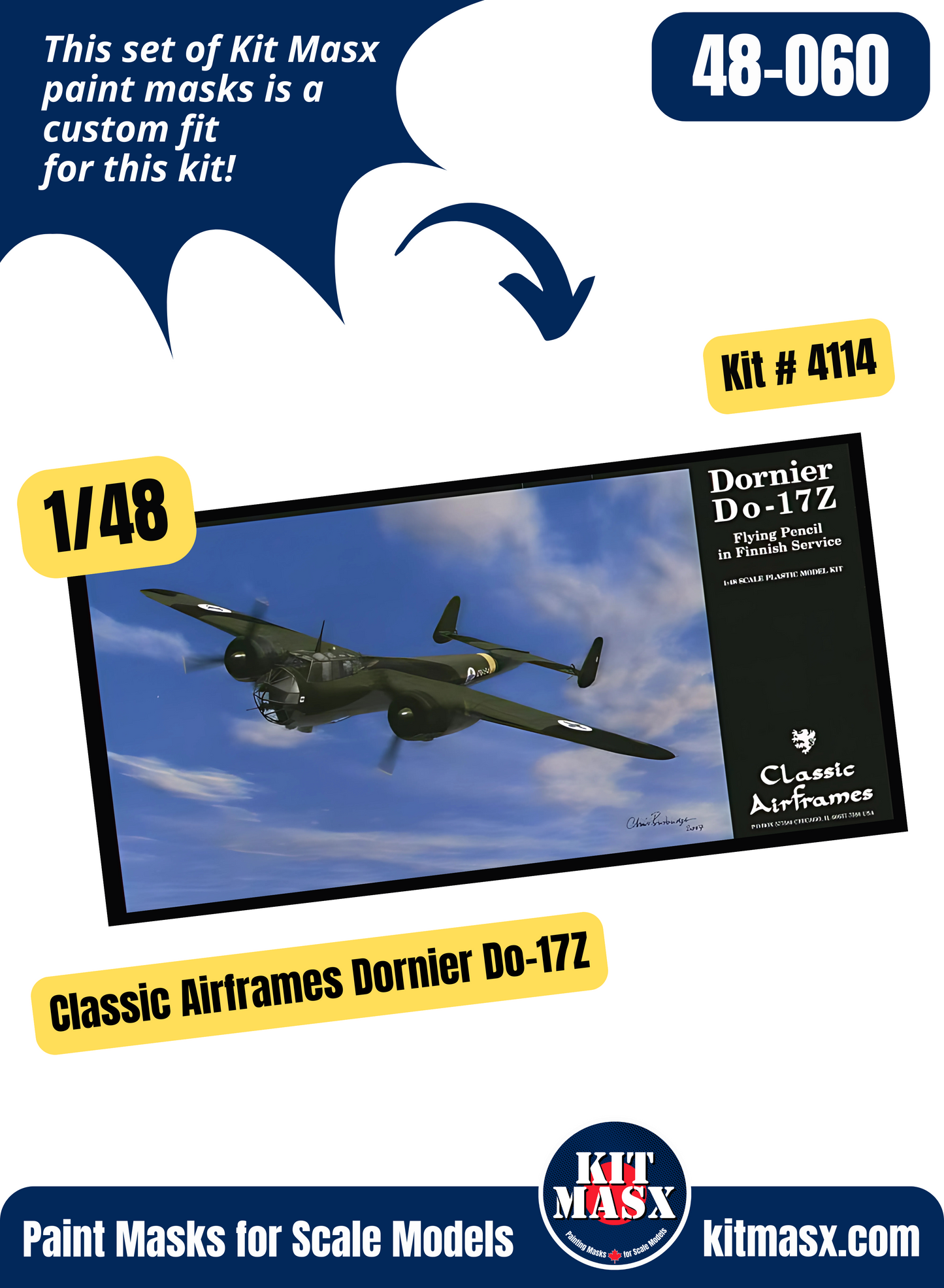 Classic Airframes Dornier Do-17Z 1/48 Canopy & Wheel Paint Masks, Kit # 4114