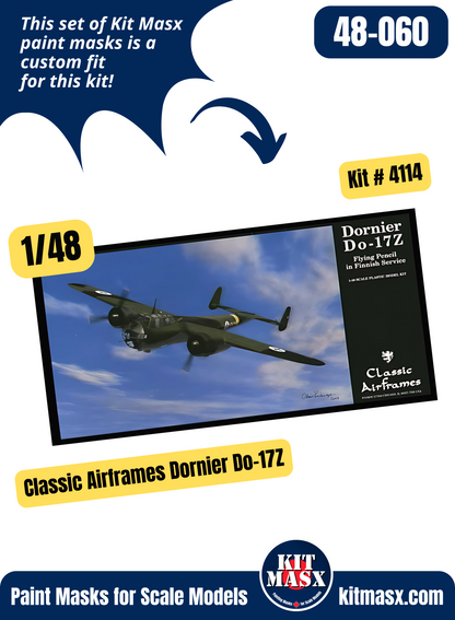 Classic Airframes Dornier Do-17Z 1/48 Canopy & Wheel Paint Masks, Kit # 4114