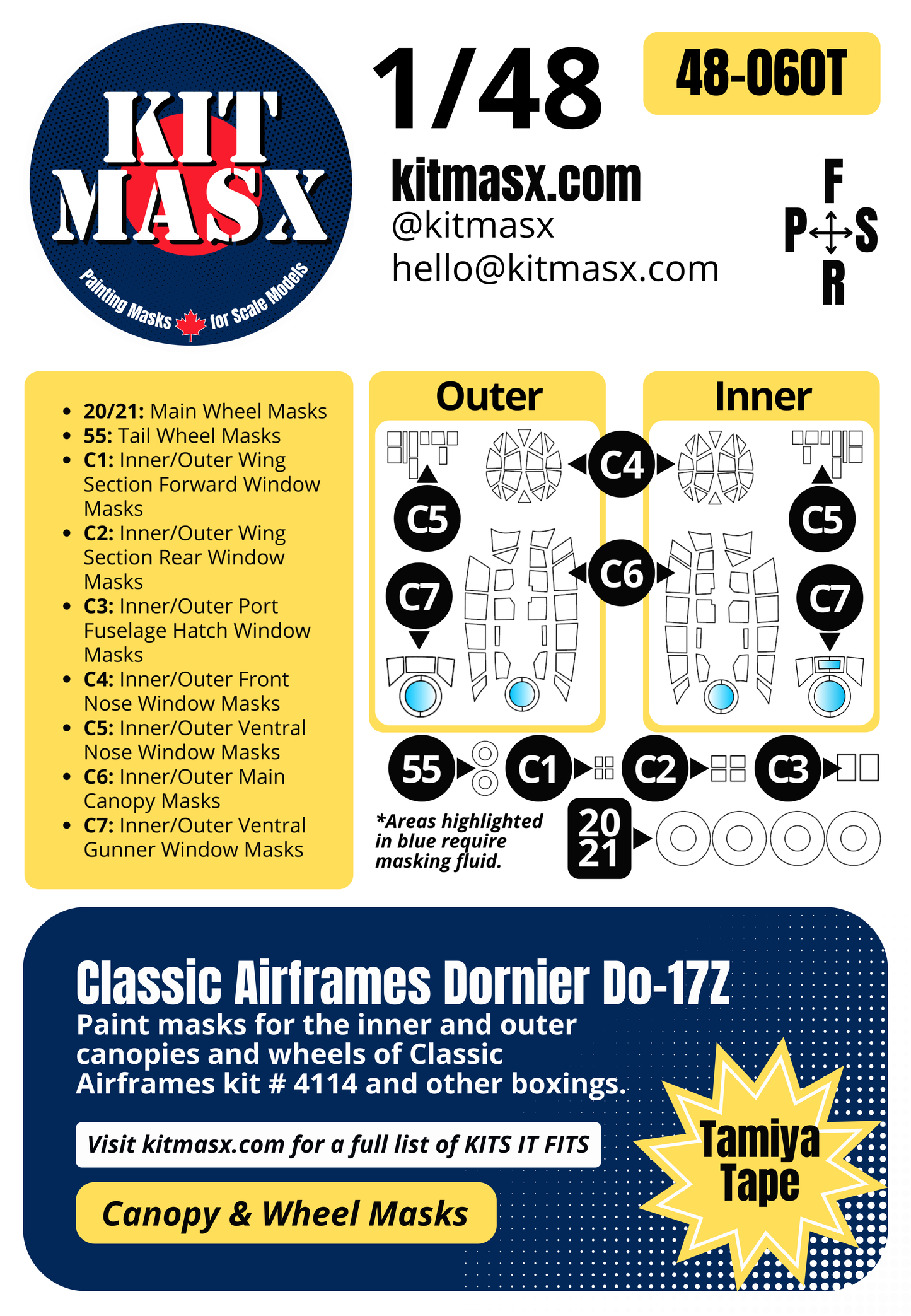 Classic Airframes Dornier Do-17Z 1/48 Canopy & Wheel Paint Masks, Kit # 4114
