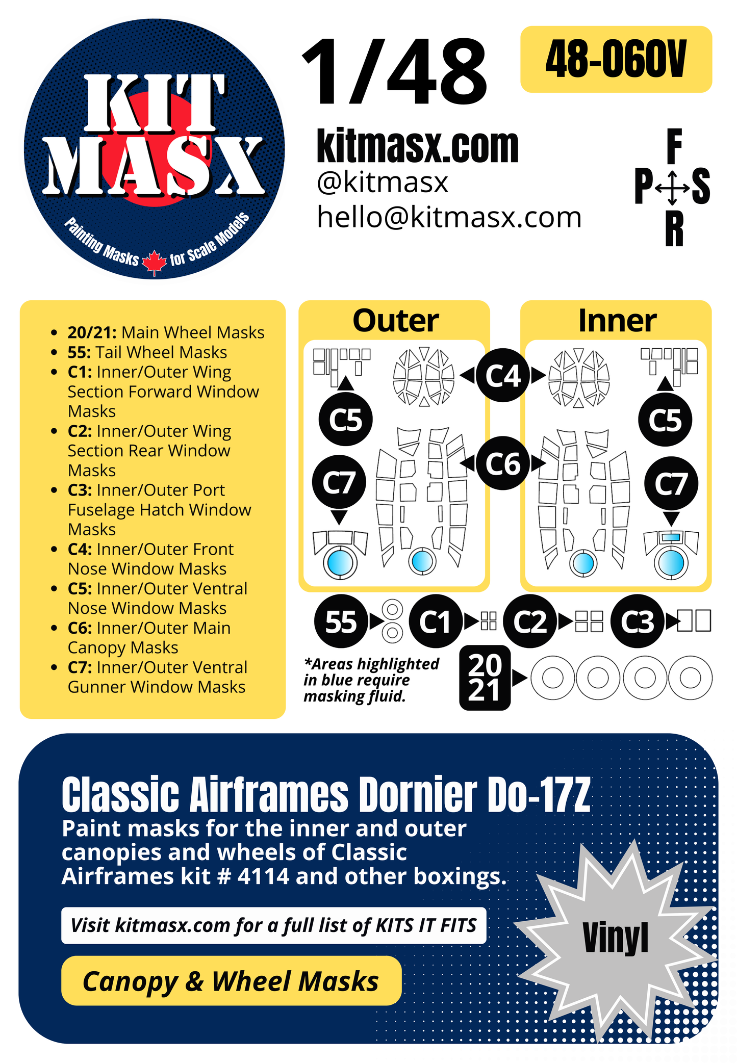 Classic Airframes Dornier Do-17Z 1/48 Canopy & Wheel Paint Masks, Kit # 4114