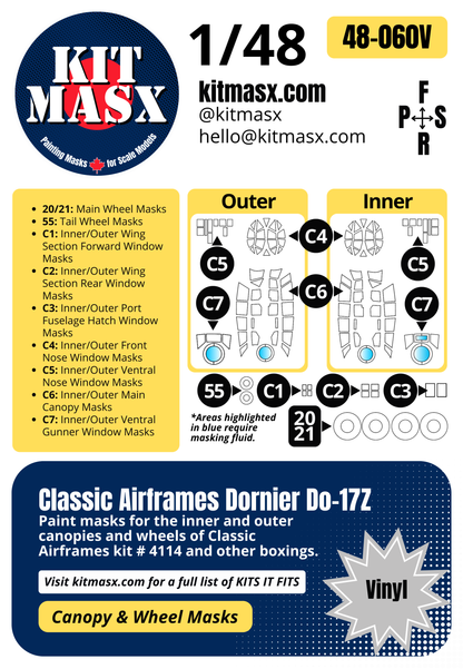 Classic Airframes Dornier Do-17Z 1/48 Canopy & Wheel Paint Masks, Kit # 4114