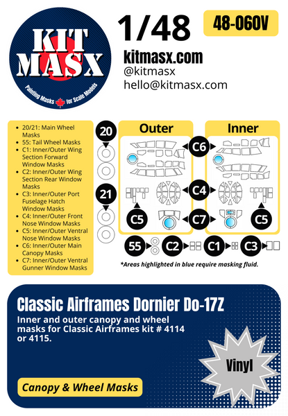 Classic Airframes Do-17Z 1/48 Canopy & Wheel Paint Masks