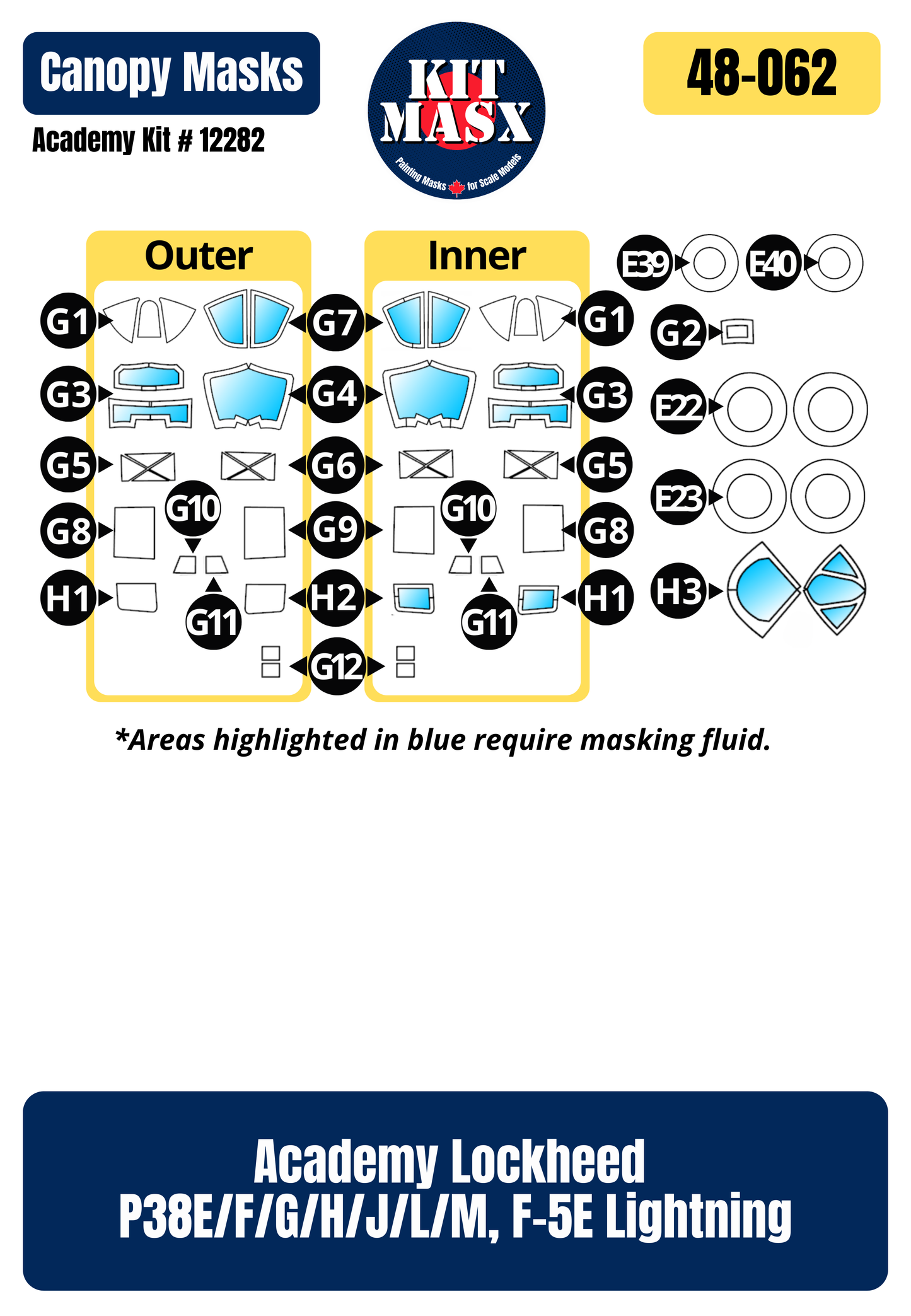 Academy Lockheed P38E/F/G/H/J/L/M, F-5E Lightning 1/48 Canopy & Wheel Paint Masks, Kit # 12282