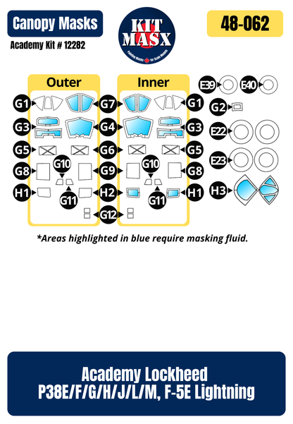 Academy Lockheed P38E/F/G/H/J/L/M, F-5E Lightning 1/48 Canopy & Wheel Paint Masks, Kit # 12282