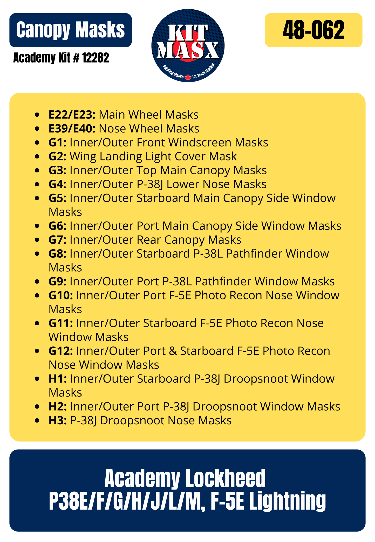Academy Lockheed P38E/F/G/H/J/L/M, F-5E Lightning 1/48 Canopy & Wheel Paint Masks, Kit # 12282