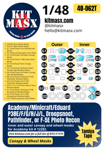 Academy P38E/F/G/H/J/L, Droopsnoot, Pathfinder, F-5E Photo Recon 1/48 Canopy & Wheel Paint Masks, Kit # 12282