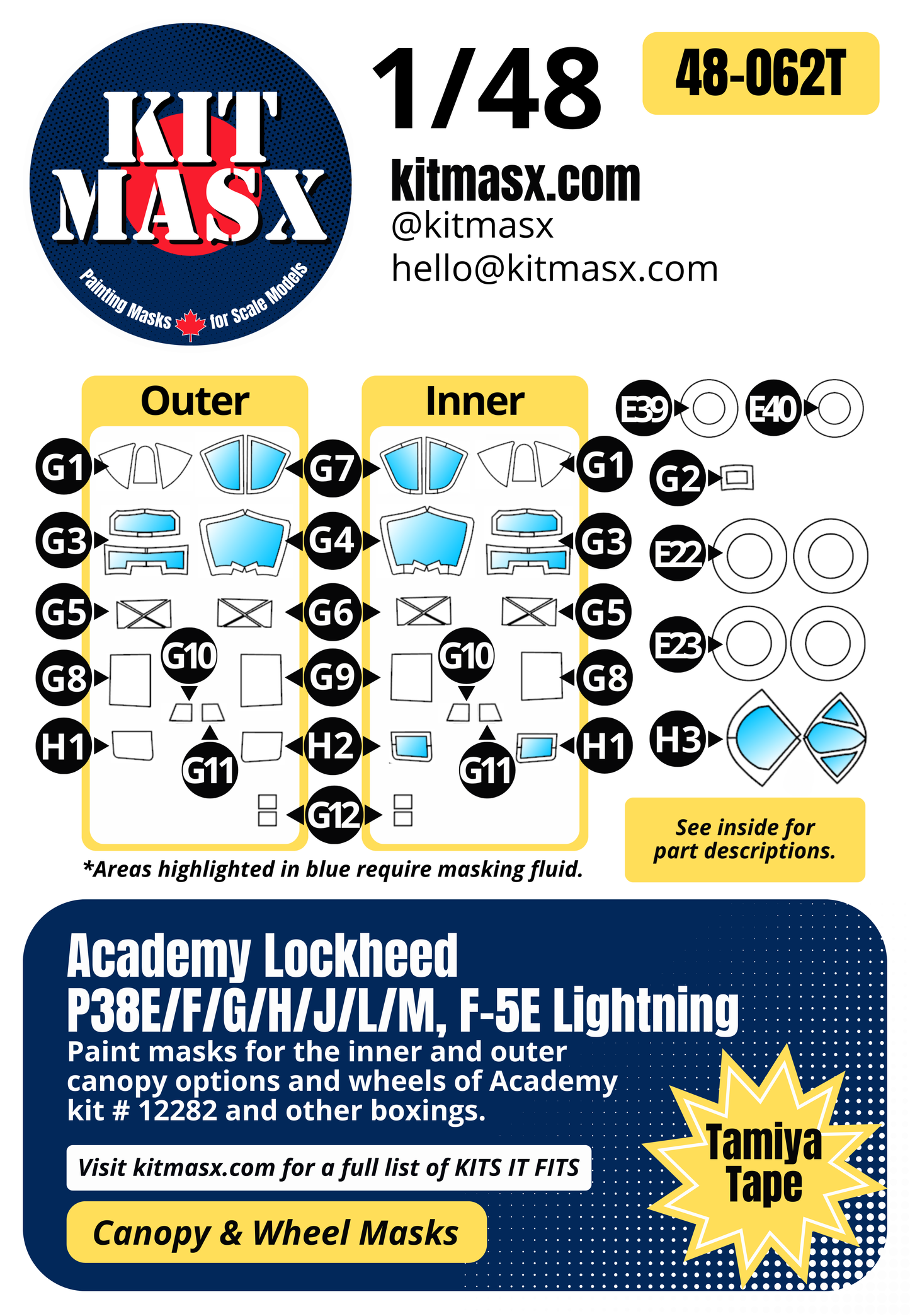 Academy Lockheed P38E/F/G/H/J/L/M, F-5E Lightning 1/48 Canopy & Wheel Paint Masks, Kit # 12282