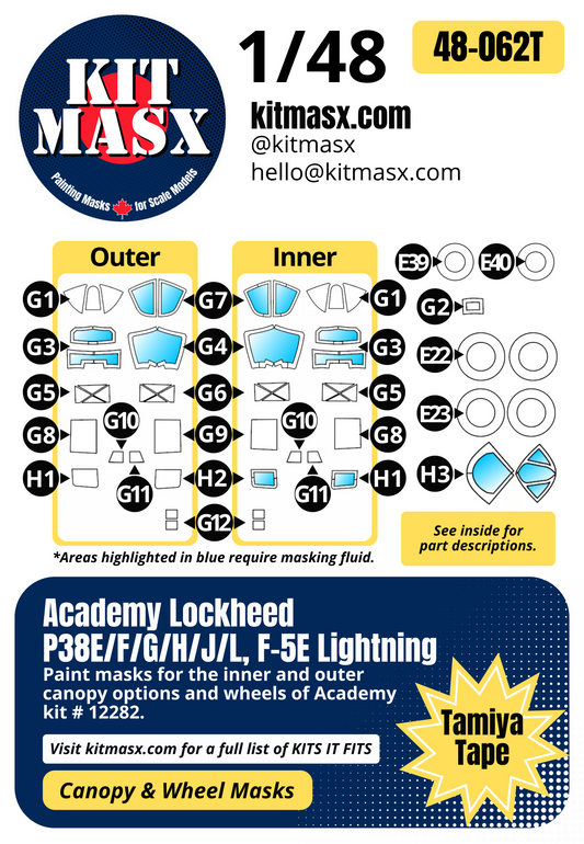 Academy Lockheed P38E/F/G/H/J/L, F-5E Lightning 1/48 Canopy & Wheel Paint Masks, Kit # 12282