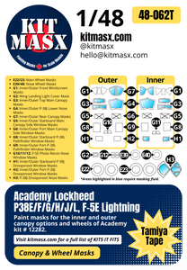 Academy Lockheed P38E/F/G/H/J/L, F-5E Lightning 1/48 Canopy & Wheel Paint Masks, Kit # 12282