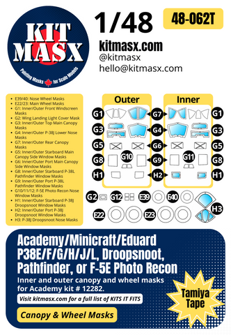 Academy P38E/F/G/H/J/L, Droopsnoot, Pathfinder, F-5E Photo Recon 1/48 Canopy & Wheel Paint Masks, Kit # 12282