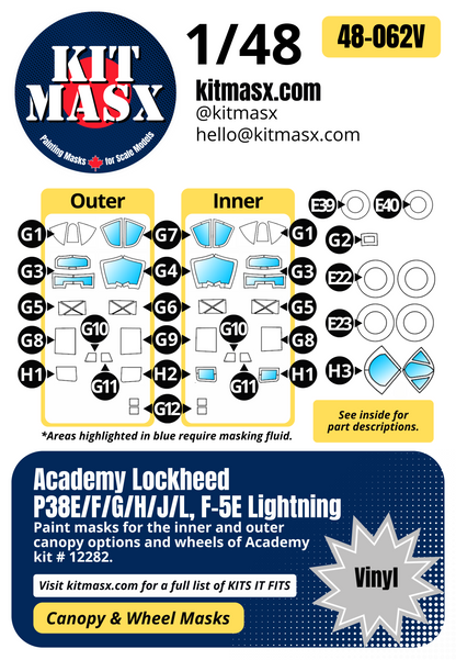 Academy Lockheed P38E/F/G/H/J/L, F-5E Lightning 1/48 Canopy & Wheel Paint Masks, Kit # 12282